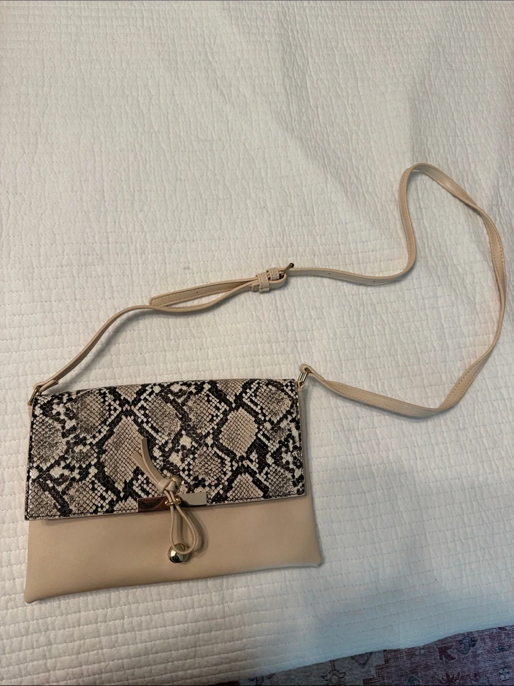 Snake-Print Flap Beige Clutch Handbag